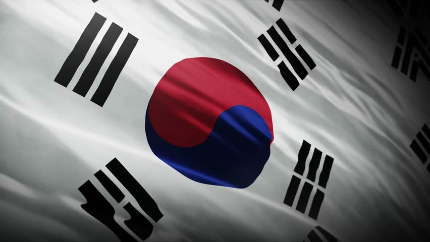 South Korea flag waving with Taegeuk symbol and trigrams, featuring realistic fabric texture and soft lighting. Ideal for cultural and national visuals.
