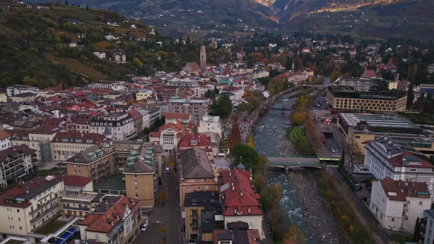 Aerial drone view of Merano , Italy .