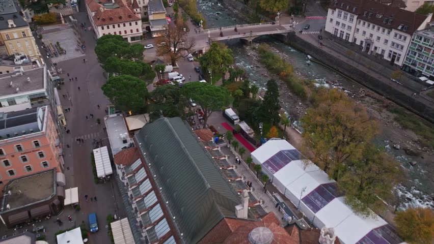 Aerial drone view of Kurhaus Meran in Merano , Italy .