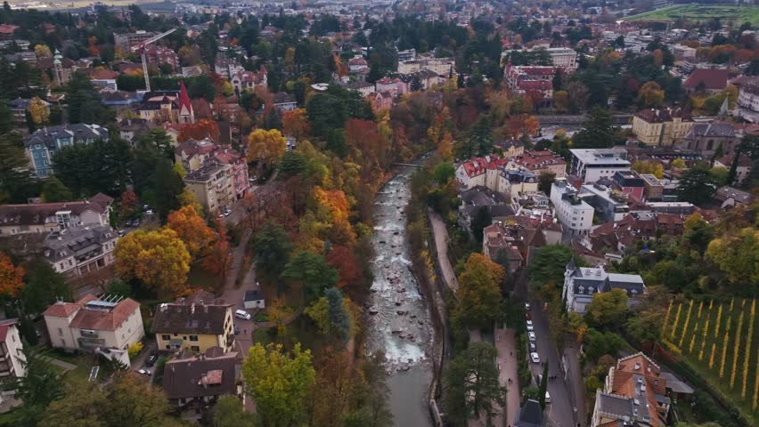 Aerial drone view of Merano , Italy .