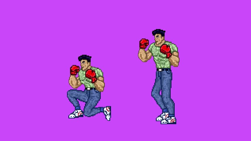 Pixel art animation of an old fighting game of a male character wearing boxing gloves moving in different poses with a red background, art, vintage, pixel.