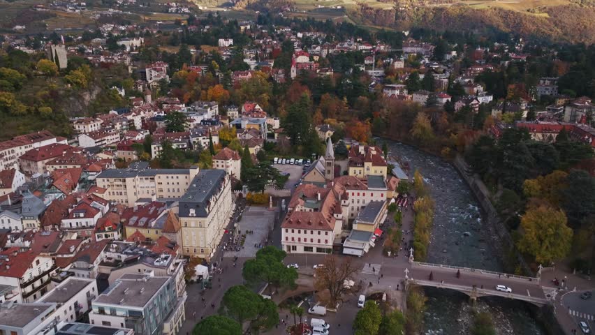 Aerial drone view of Merano , Italy .