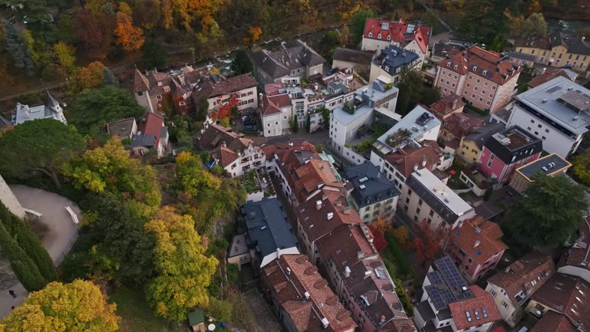 Aerial drone view of Merano , Italy .