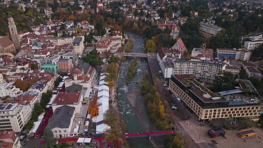 Aerial drone view of Merano , Italy .