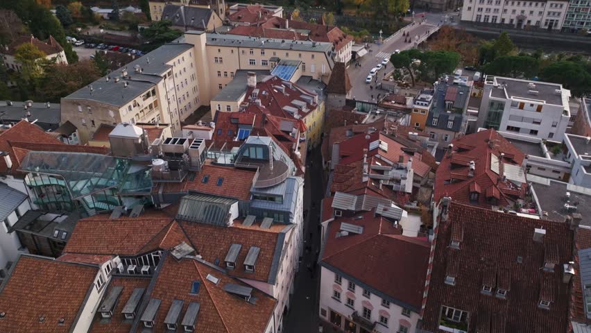 Aerial drone view of Merano , Italy .