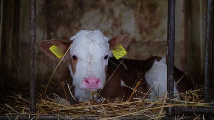 Adorable young calf lying on straw inside a barn stall, surrounded by metal bars. Calm livestock scene highlighting animal welfare, dairy farming, rural life and natural farm environment.