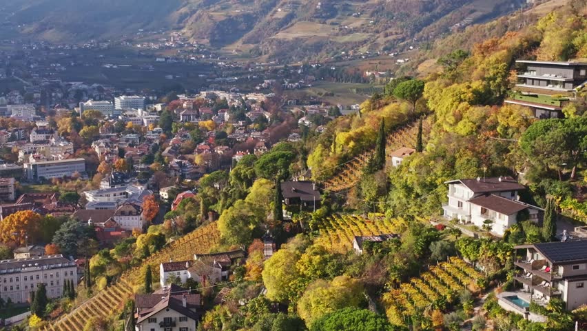 Aerial drone view of Merano , Italy .