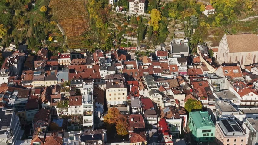 Aerial drone view of Merano , Italy .