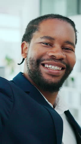 Black man, selfie and face at office with peace sign, smile and post on web at property development company. African person, happy and photography with emoji, v symbol and POV at agency in Kenya