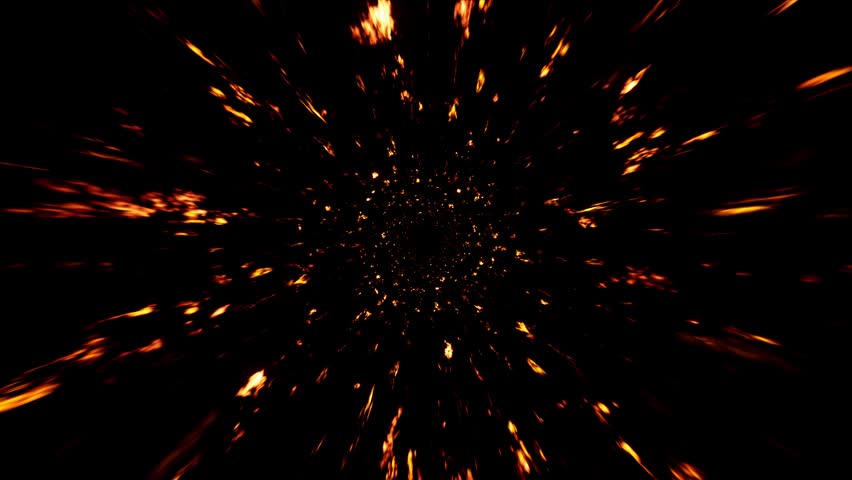 Overlay background featuring burning fire particles and glowing embers floating through a deep cosmic space