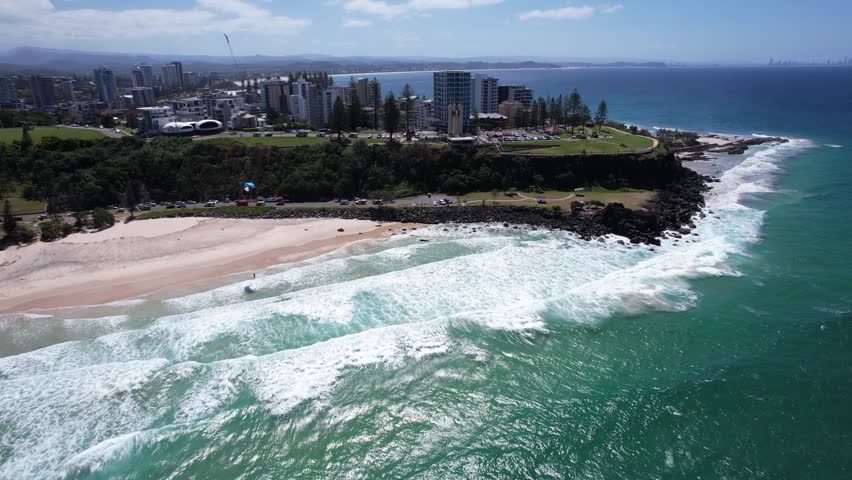 Duranbah Beach In Carlin Family Park, Tweed Terrace, Tweed Heads, New South Wales, Australia. Aerial Pullback Shot