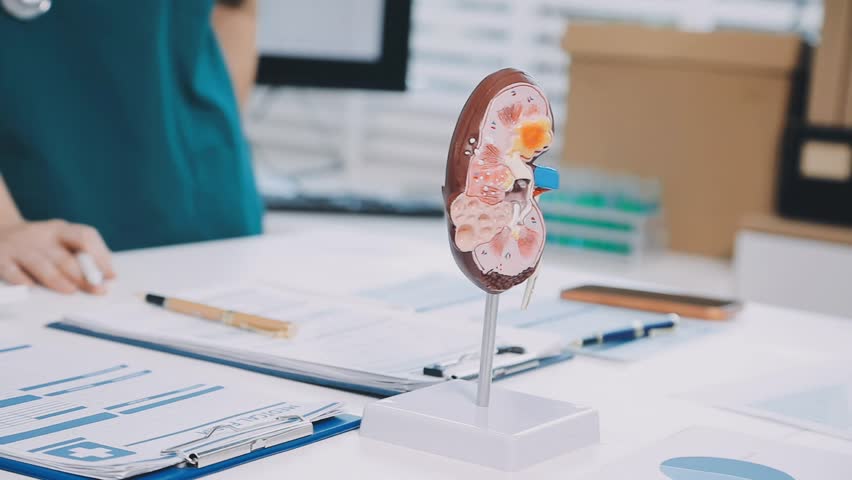A vibrant red anatomical heart model and a stethoscope on a desk with two doctors having a medical consultation in the background.