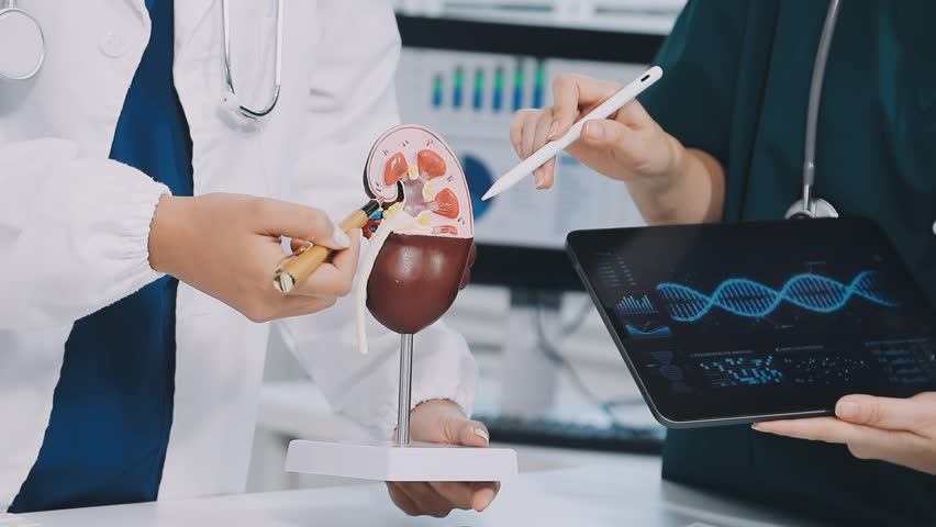A vibrant red anatomical heart model and a stethoscope on a desk with two doctors having a medical consultation in the background.