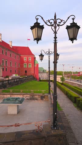 Warsaw, Poland, Historic street lamps, part of the Royal Castle facade,