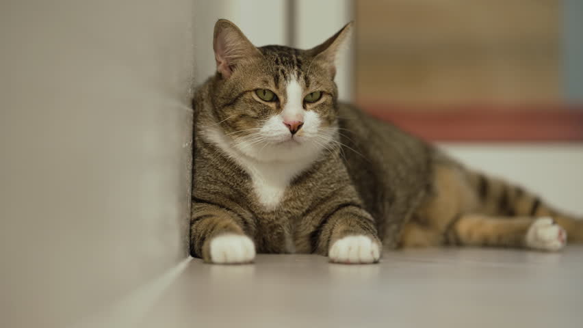 Domestic tabby cat resting on the floor at home