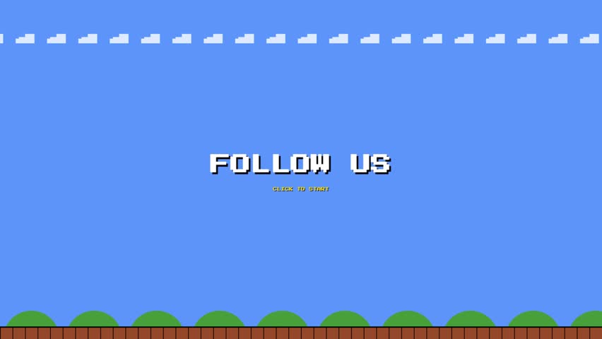 Retro video game style background with Follow Us text, 8-bit digital pixel art graphic.
