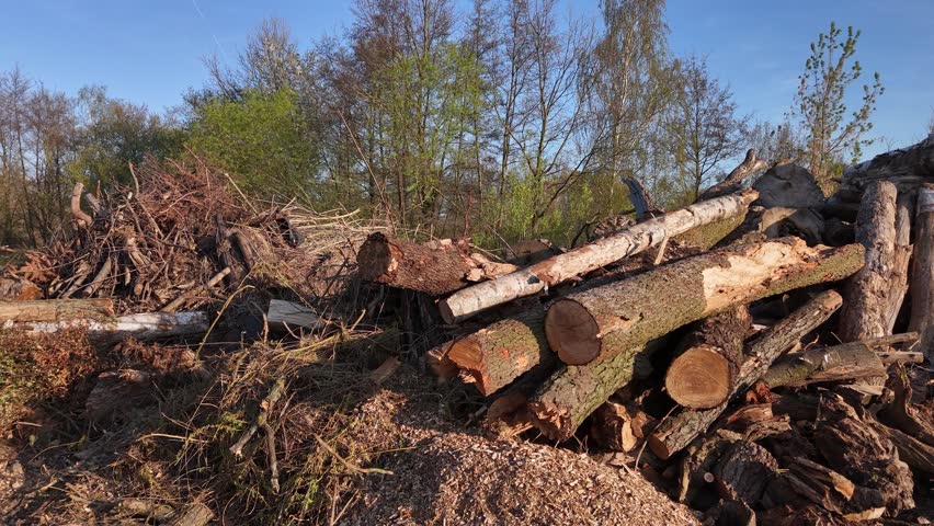 Stack of cut diseased tree trunks after park maintenance. Logs from unhealthy trees form a large pile near a forest clearing in spring.