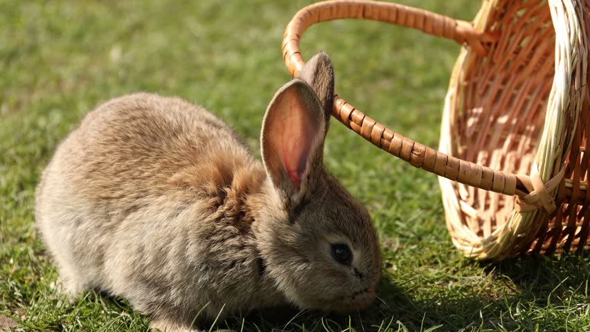 Cute fluffy rabbit near wicker basket on green grass outdoors. Camera tracking