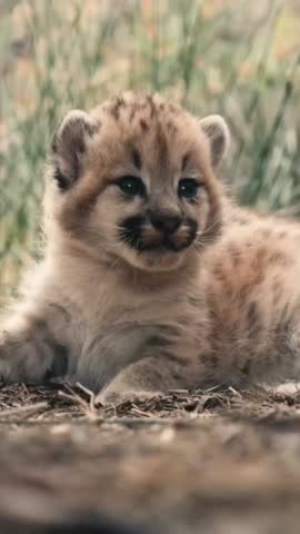 This video features a lion cub lying in the grass, looking directly at the camera with a curious expression. The cub has a fluffy coat and big eyes, and it appears to be in a natural outdoor setting.