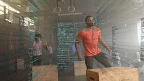 Orange-shirted man leading fitness class on plyo boxes, teal overlay sparking jumps, holding squats. Warehouse, gym, group, plyometric, coordination, motion, daylight - Powered by Shutterstock - Get 15% off with code: PIKWIZARD15