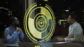 Standing woman activating device and leading business briefing, yellow AR HUD overlaying presenter. Augmented, reality, meeting, conference, cityscape, citylights, collaboration - Powered by Shutterstock - Get 15% off with code: PIKWIZARD15