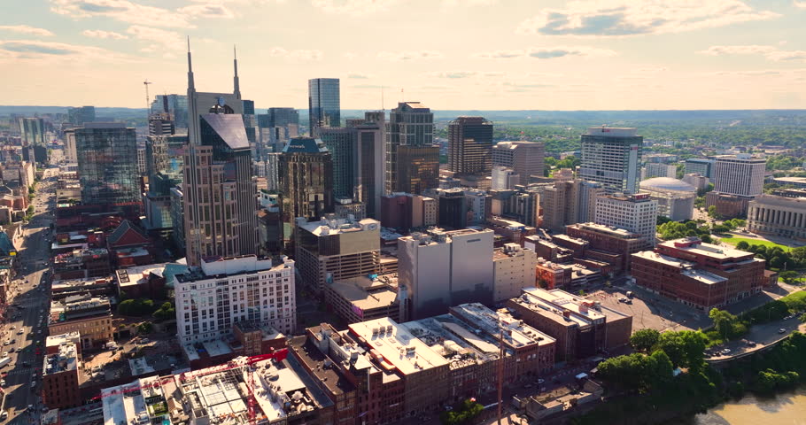 Nashville city urban environment in Tennessee, USA. View from above of skyscraper buildings in downtown district. American metropolitan area with business financial district.