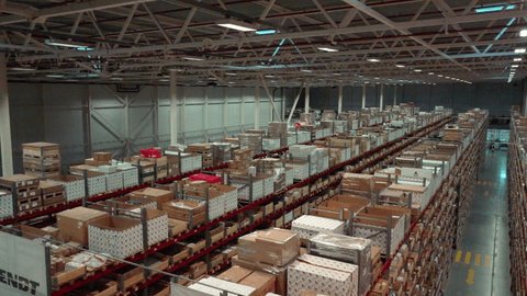 Drone Flying above Warehouse Racks Stored Goods