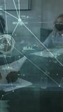 Business meeting presenter passing report while masked blonde woman leading talk, HUD graphs moving. Overlay, visualization, analytics, data, conference, boardroom, vertical video - Powered by Shutterstock - Get 15% off with code: PIKWIZARD15