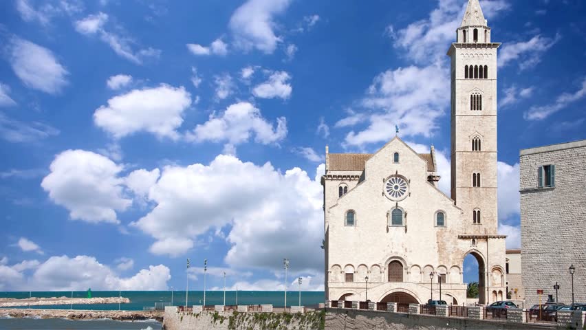 Italy, Apulia, Province of Barletta-Andria-Trani, Trani. San Nicola Pellegrino cathedral.The famous cathedral of Trani in the Puglia region of southern Italy at nightAerial view, Cathedral of San Nicola Pellegrino, Sea Cathedral of Trani, Puglia, Southern Italy, Italy,