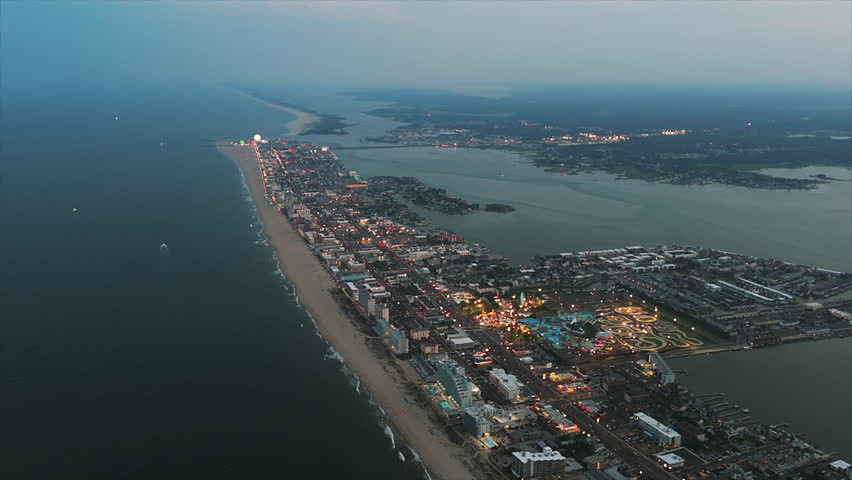Above View Ocean City Resort Town At Sunset In The State Of Maryland, United States. Aerial Drone Shot
