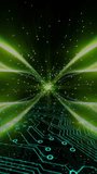 Vertical video: Green core pulsing, driving X beams closing and spark flowing over circuit for tech. Neon, cyberpunk, futuristic, tunnel, vortex, glow, vertical video - Powered by Shutterstock - Get 15% off with code: PIKWIZARD15