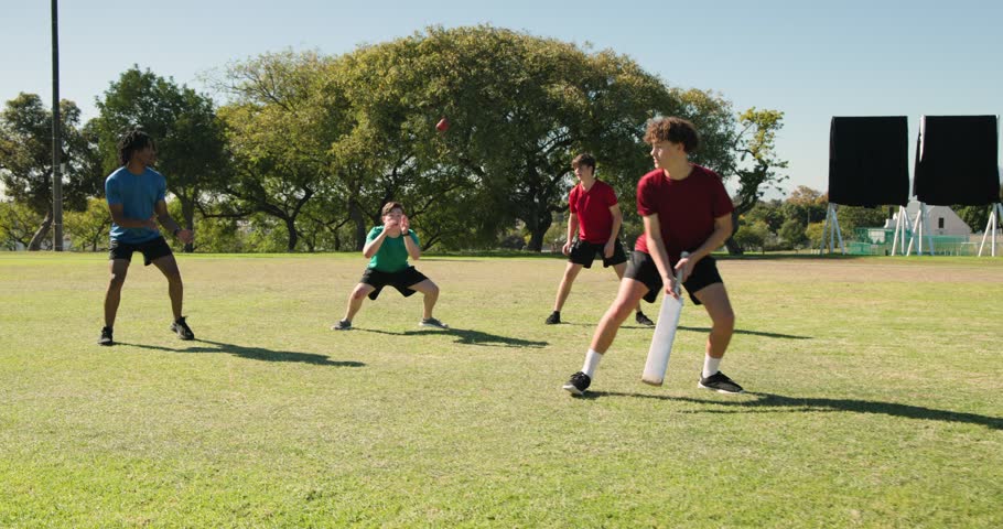 Male friends playing cricket at park, bowler running delivering ball, batter blocking ball with bat. Outdoor, recreation, sport, athletic, teamwork, leisure, vibrant
