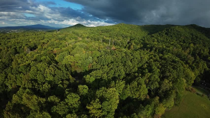 Aerial View Usa Mountain Ridge Sunlight Drone Pans Over Dense Green Forest Canopy With Rolling Appalachian Hills, Distant Clearing And Powerline Corridor, Warm Lateafternoon Light, Calm
