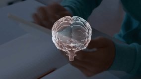 Student tapping tablet in classroom, activating rotating AR brain for study, hovering toward face. Augmented, reality, holographic, visualization, neural, education, learning - Powered by Shutterstock - Get 15% off with code: PIKWIZARD15