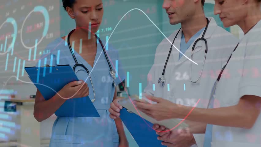 Care team reviewing patient file on arrival, center moving tablet, data charts sweeping over tablet. Collaboration, clinicians, hospital, ward, clipboard, stethoscope, documentation