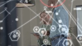 Business team meeting at tablet in office passing to coworker and reviewing data with AR hexagons. Collaboration, touchscreen, display, analytics, boardroom, overlay, interface - Powered by Shutterstock - Get 15% off with code: PIKWIZARD15
