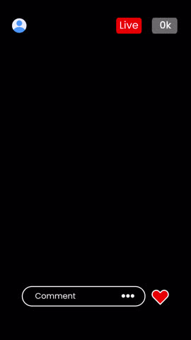  Social media livestream interface animation with hearts, comments, LIVE badge, heart fountain and chat. Vertical smartphone UI for video content.