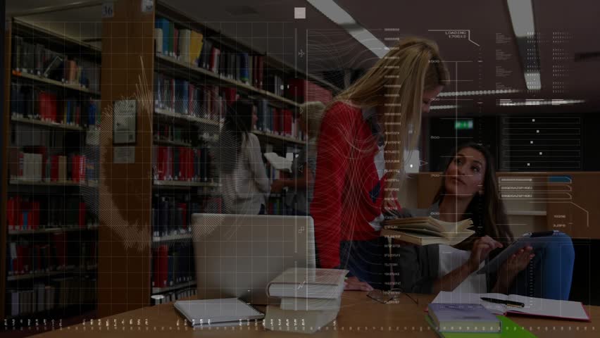 Standing woman placing books, seated woman tapping tablet, using notes, HUD guiding library study. Teamwork, focus, collaboration, laptop, overlay, learning, quiet