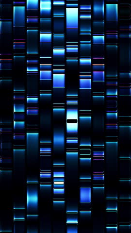 Vibrant matrix of glowing lines flowing behind vertical glass structure. Information exchange visualization for tech presentations, cloud computing, machine learning and innovation. Abstract technology background with glowing stripes and gradients forming continuous flow of information for data centers and high tech interface design. Modern visual for technology branding, analytics dashboards and event screens. Seamless loop 4K vertical video