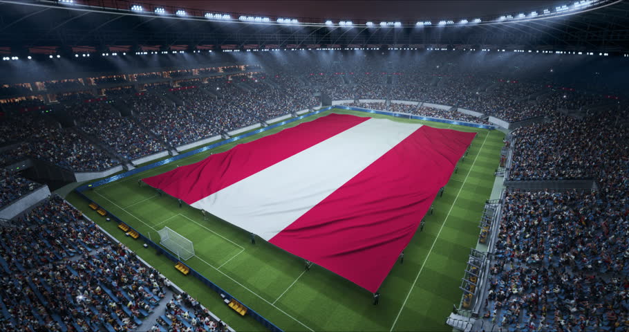 Professional Stadium With Soccer Game Championship With Flag of Austria Spread Across Pitch Before Football Match Start. Cheering Crowds of Fans Fill the Arena in Excitement. Aerial Wide Shot