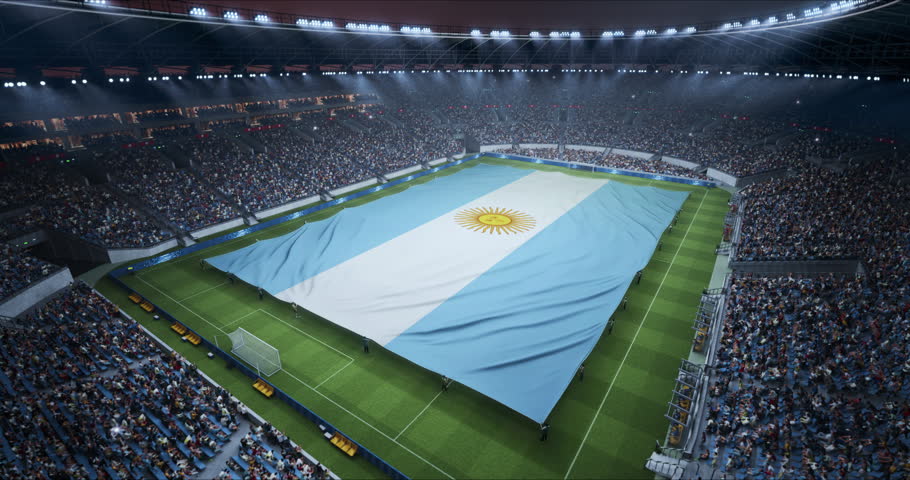 Professional Stadium With Soccer Game Championship With Flag of Argentina Spread Across Pitch Before Football Match Start. Cheering Crowds of Fans Surround the Arena. Aerial Static Wide Shot