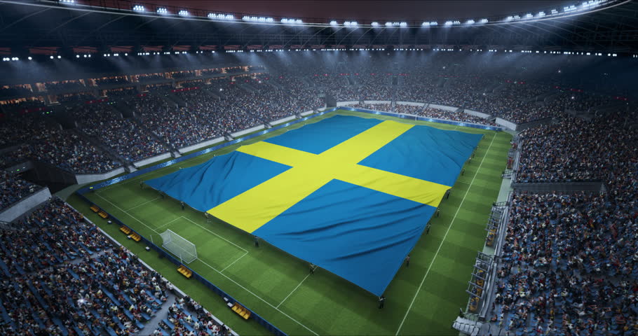 Professional Stadium With Soccer Game Championship With Flag of Sweden Spread Across Pitch Before Football Match Start. Cheering Crowds of Fans Surround Arena Anthem Ceremony. Static Wide Shot