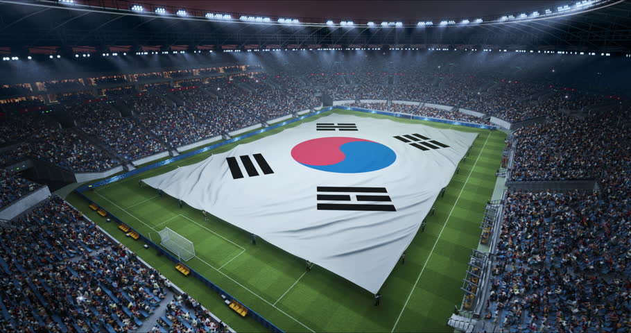 Professional Stadium With Soccer Game Championship With Flag of South Korea Spread Across Pitch Before Football Match Start. Static Wide Shot