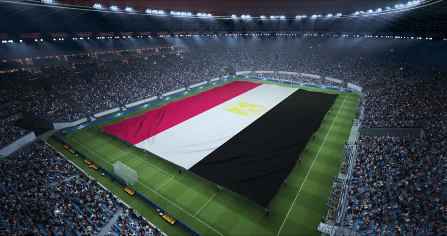 Professional Stadium With Soccer Game Championship With Flag of Egypt Spread Across Pitch Before Football Match Start. Cheering Crowds of Fans at Arena Anthem Ceremony. Aerial Static Wide Shot