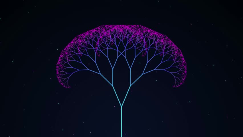 Digital fractal tree animation growing with neon branches, abstract nature network technology background.