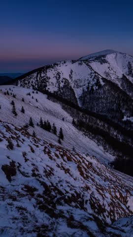 Peaceful Sunrise Over Snowy Alps Mountains, Vertical Timelapse