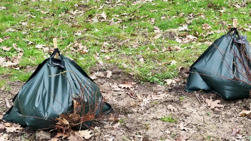 Tree planting with irrigation bags in park