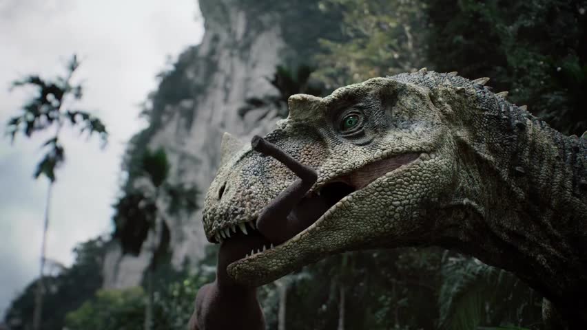 rex dinosaur devours prey in dense prehistoric jungle, close up