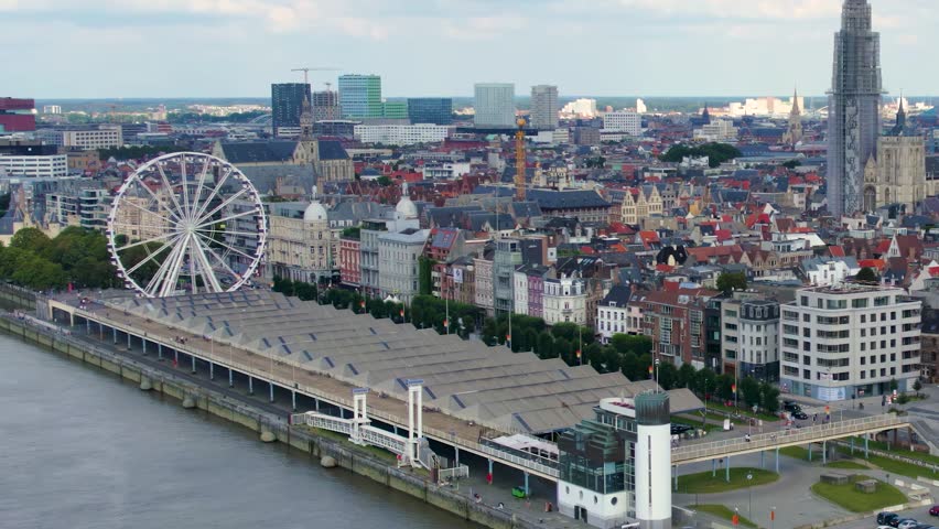 Aerial view of the Old town of of the city Antwerpen on a sunny day in summer in Belgium.