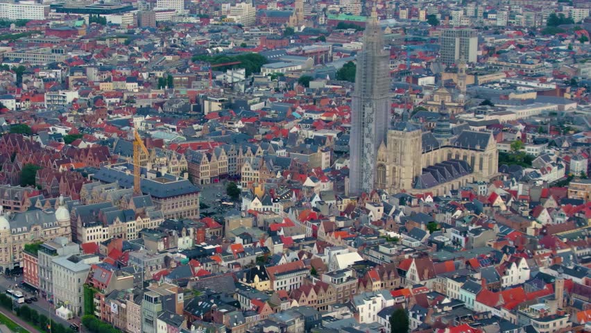 Aerial view of the Old town of of the city Antwerpen on a sunny day in summer in Belgium.